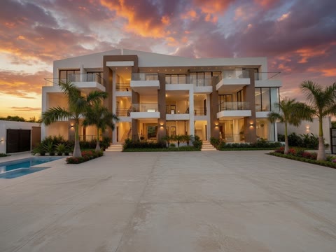 Architectural rendering of the completed Coastline Condos at sunset — pool courtyard, palms and lit balconies